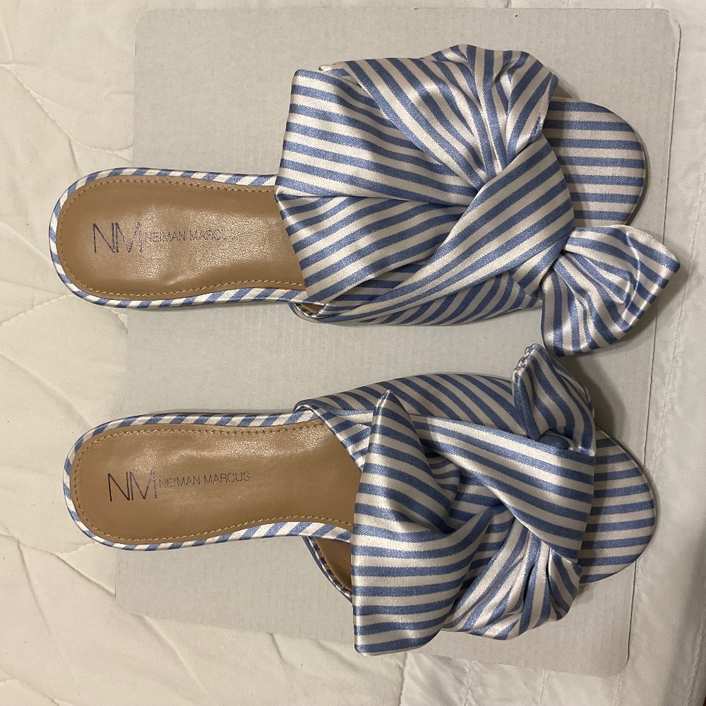 Women’s fabric blue and white striped sandals. Worn once. Neiman Marcus brand.